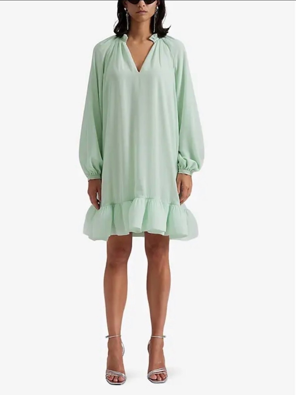By Malina Mint V-Neck Long-Sleeve Mini Dress with Ruffle Hem size S NWT